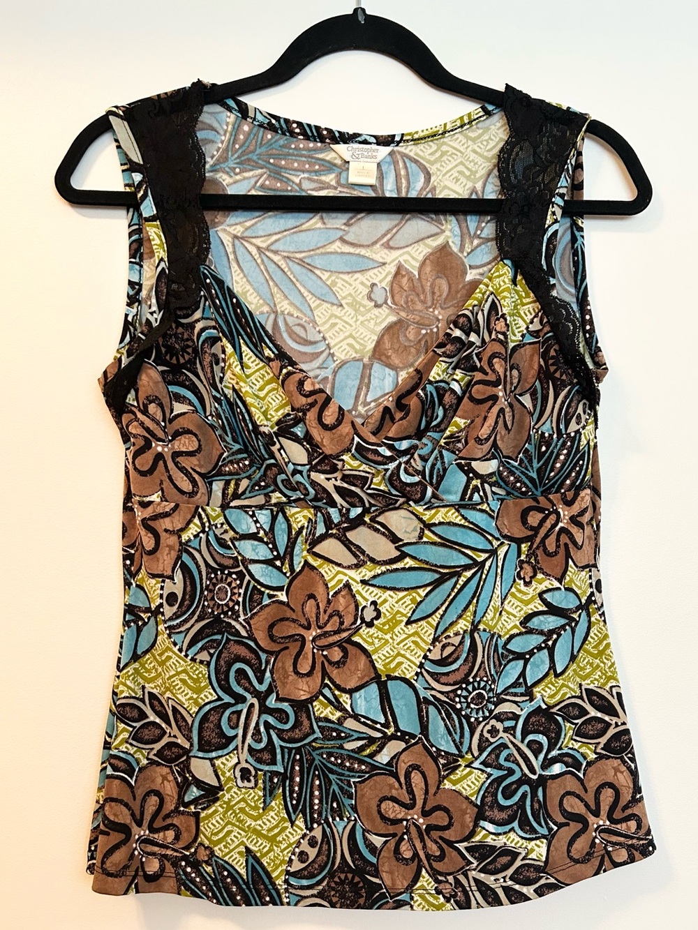 Christopher & Banks Y2K Sleeveless Floral Blouse w/ Black Lace Trim